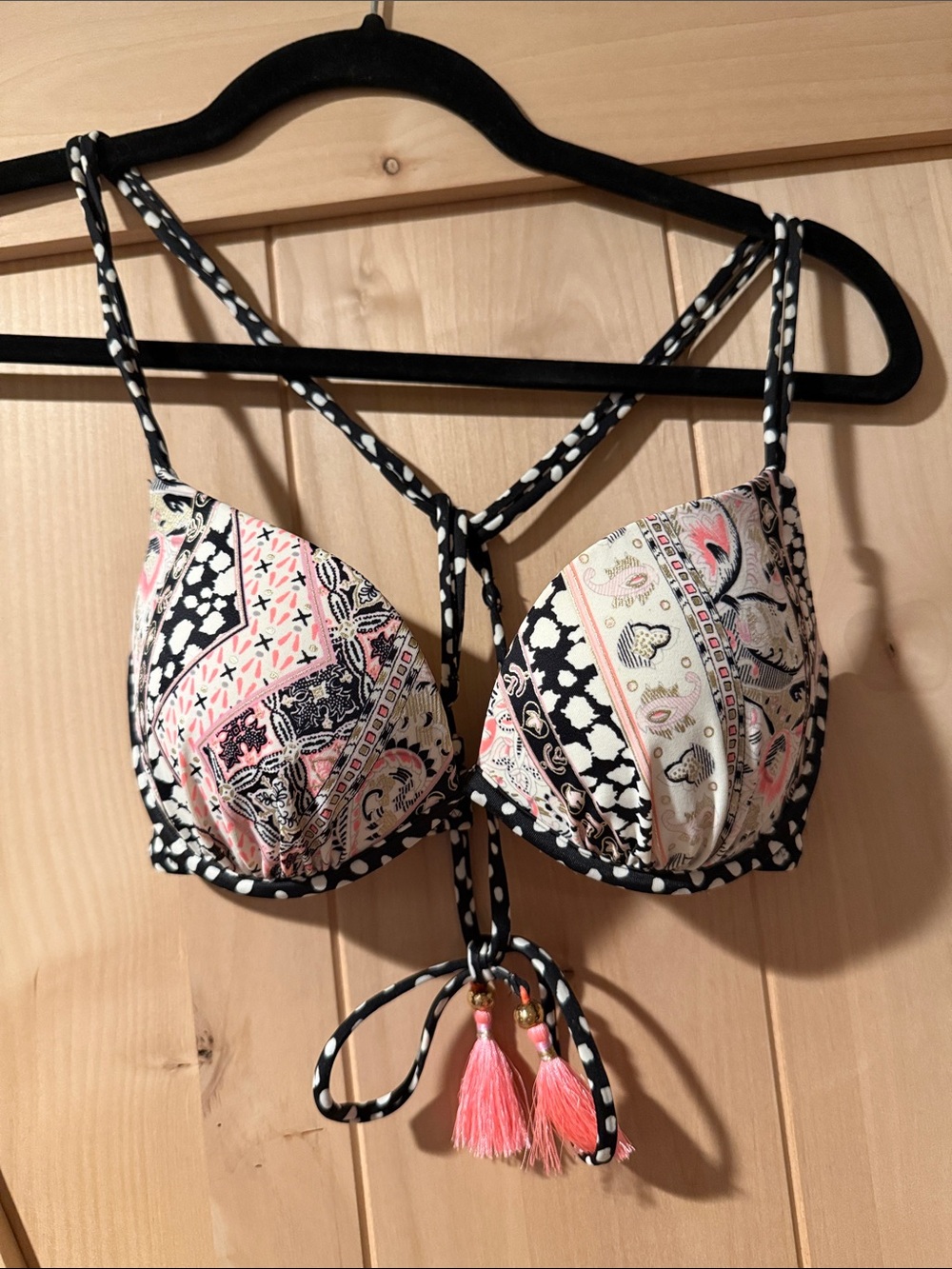 Victoria's Secret Pink, Black & Cream Patterned Push-Up Bikini Top with Tassels